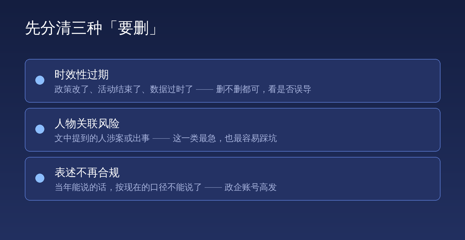 三种需要处置的情形：时效性过期、人物关联风险、表述不再合规