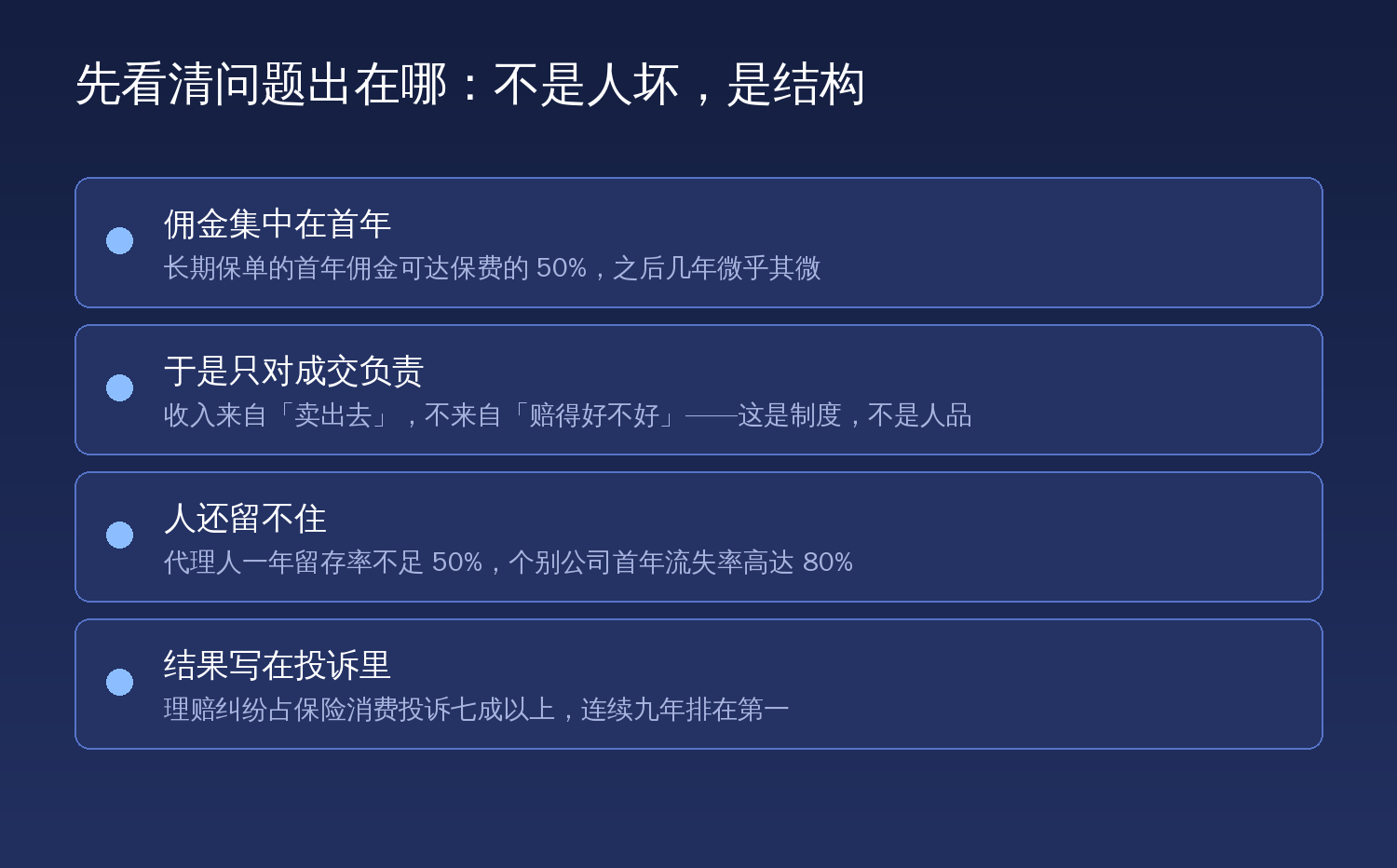 问题不在人品在结构:佣金集中在首年、只对成交负责、人还留不住