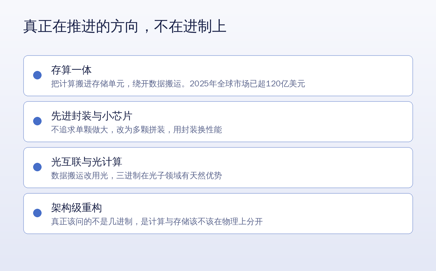 真正在推进的四条技术路线:存算一体、先进封装、光计算、架构级重构