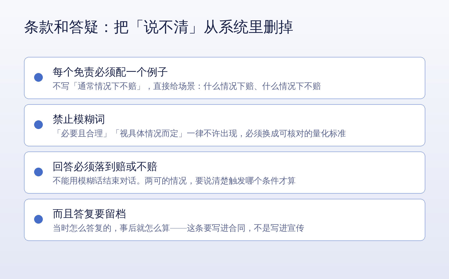 条款和答疑:每个免责配例子、禁止模糊词、回答落到赔或不赔、答复留档
