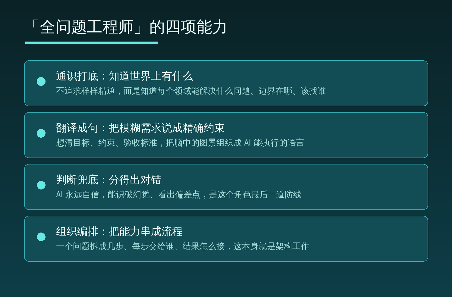 全问题工程师的四项能力：通识打底、翻译成句、判断兜底、组织编排