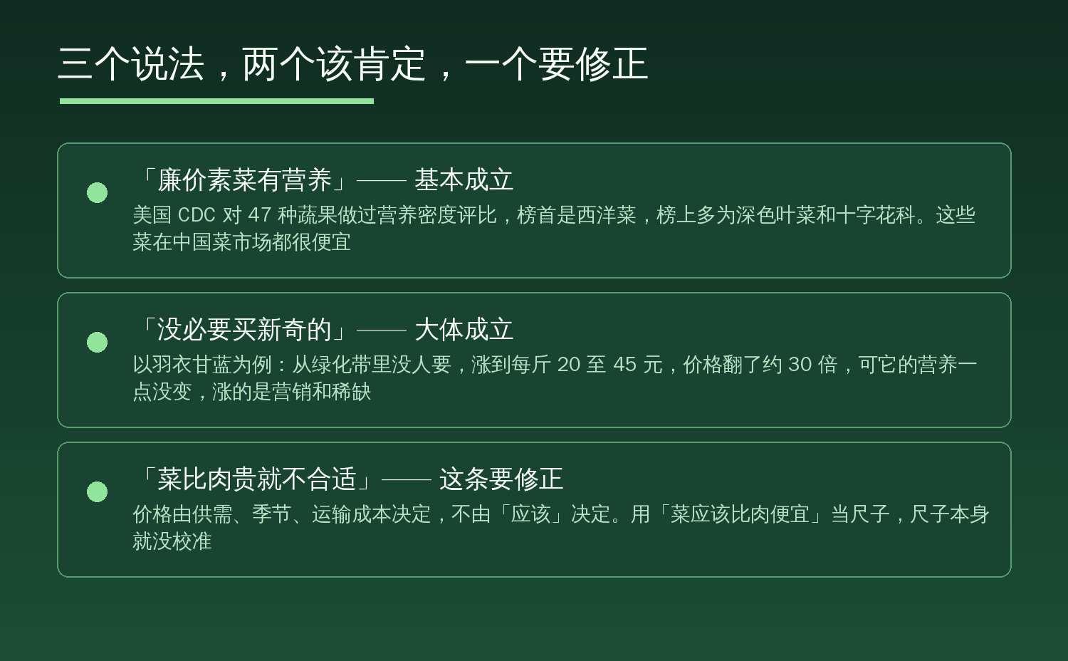 三个说法：廉价素菜有营养基本成立，没必要买新奇的大体成立，菜比肉贵就不合适需要修正