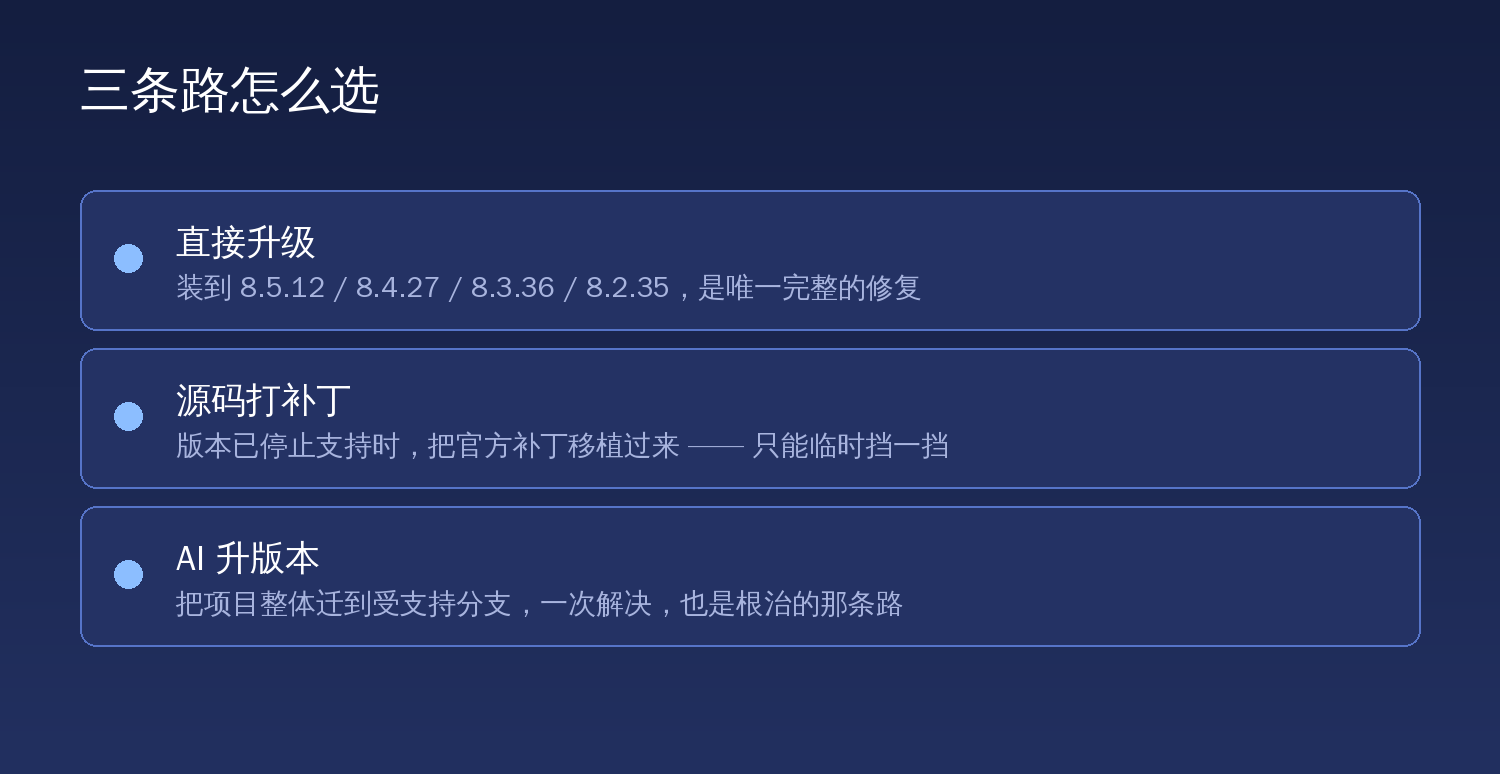 三条修复路线对比:直接升级、源码打补丁、AI 升版本